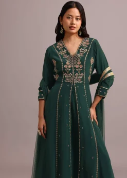 Green Embroidered Anarkali Palazzo Suit With Net Dupatta