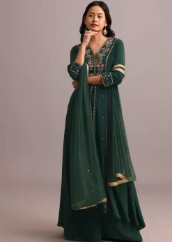 Green Embroidered Anarkali Palazzo Suit With Net Dupatta