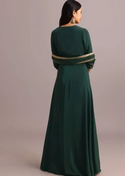 Green Embroidered Anarkali Palazzo Suit With Net Dupatta