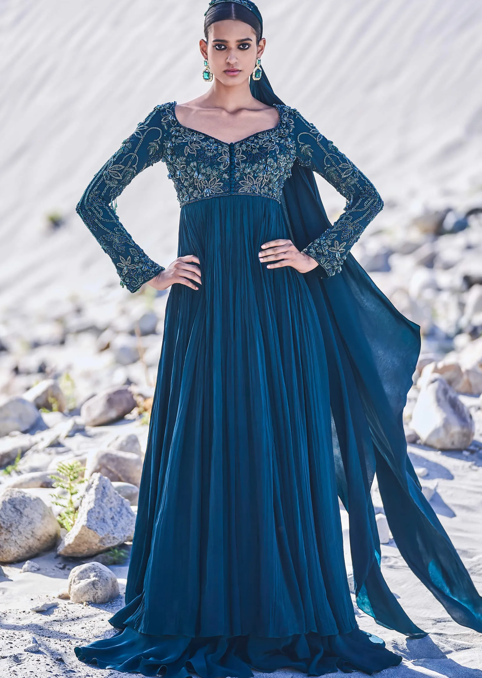 Green Embroidered Crepe Gown With Choker Dupatta