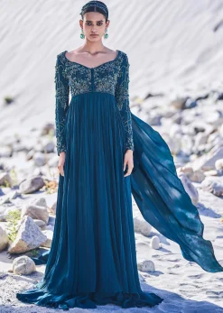 Green Embroidered Crepe Gown With Choker Dupatta