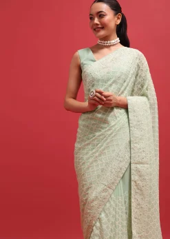 Green Embroidered Georgette Chikankari Saree With Unstitched Blouse