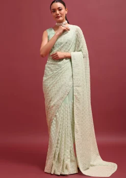 Green Embroidered Georgette Chikankari Saree With Unstitched Blouse