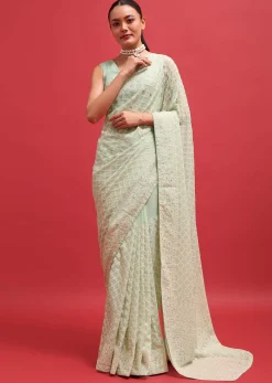 Green Embroidered Georgette Chikankari Saree With Unstitched Blouse