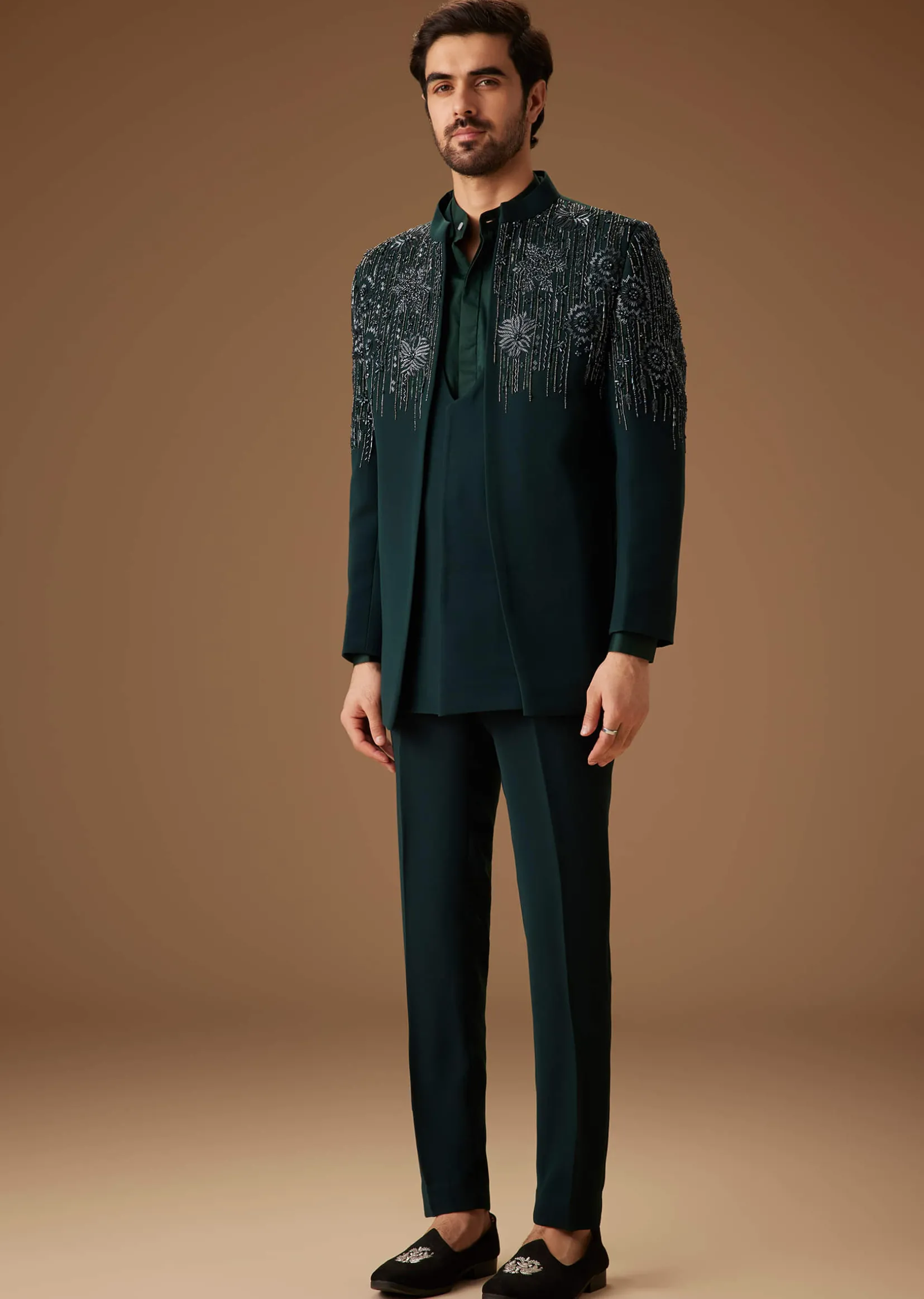 Green Embroidered Indo Western Jacket Set
