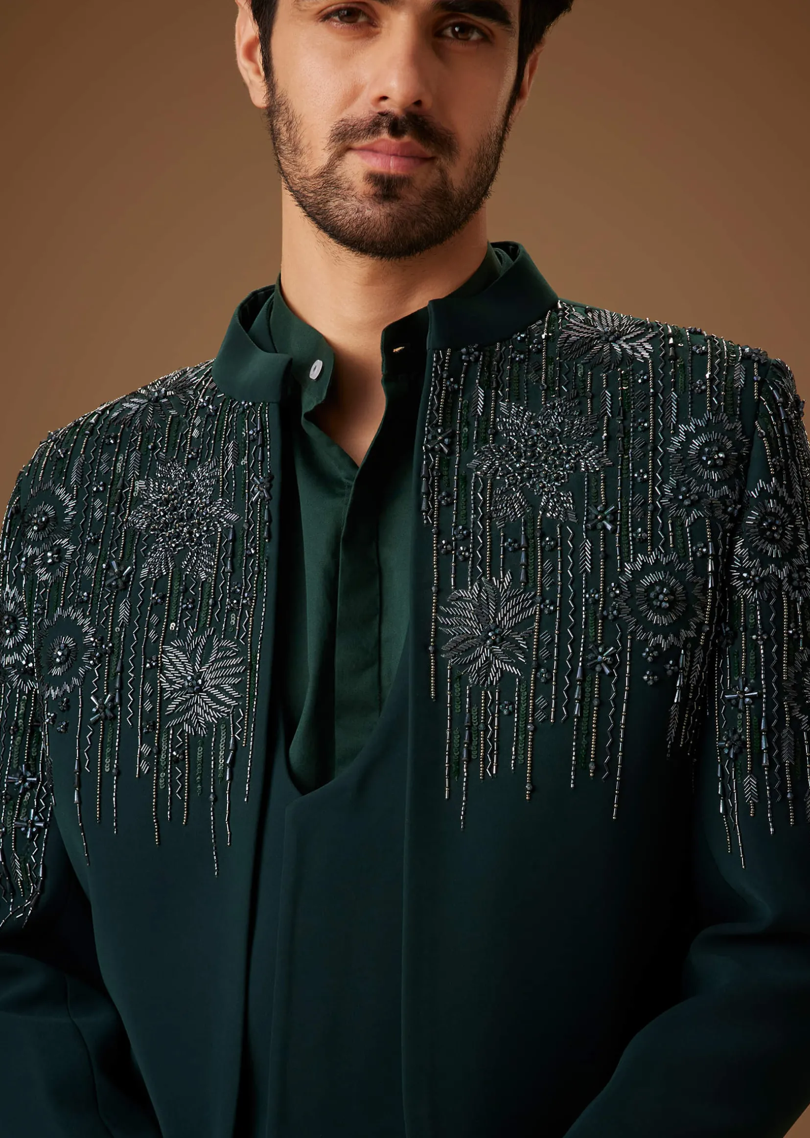 Green Embroidered Indo Western Jacket Set