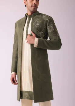 Green Embroidered Indowestern In Velvet