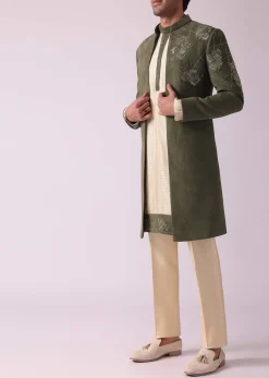 Green Embroidered Indowestern In Velvet