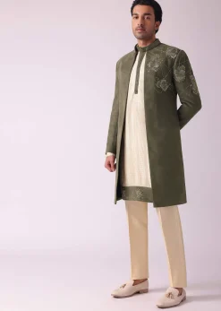 Green Embroidered Indowestern In Velvet