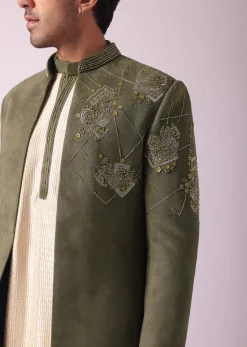 Green Embroidered Indowestern In Velvet