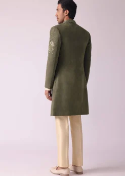 Green Embroidered Indowestern In Velvet