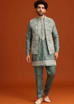 Green Embroidered Jacket Kurta Set In Linen Satin