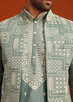 Green Embroidered Jacket Kurta Set In Linen Satin