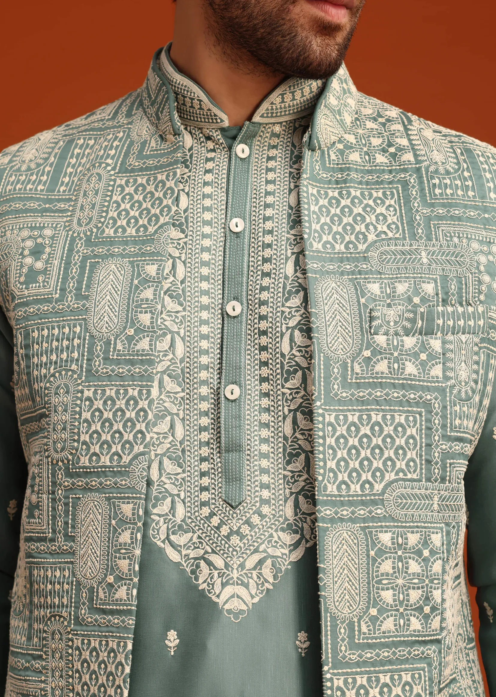 Green Embroidered Jacket Kurta Set In Linen Satin