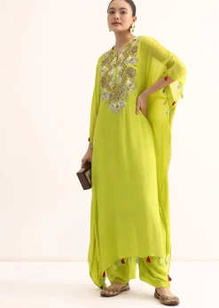 Green Embroidered Kaftan Kurta Set