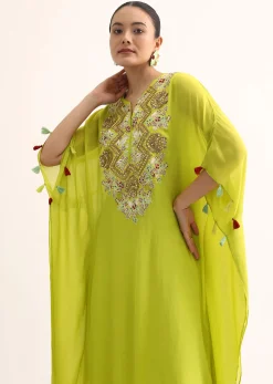 Green Embroidered Kaftan Kurta Set