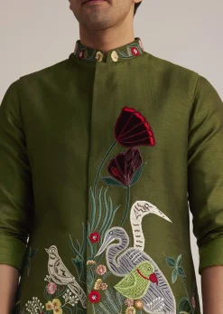 Green Embroidered Nehru Jacket With Bird Detailing