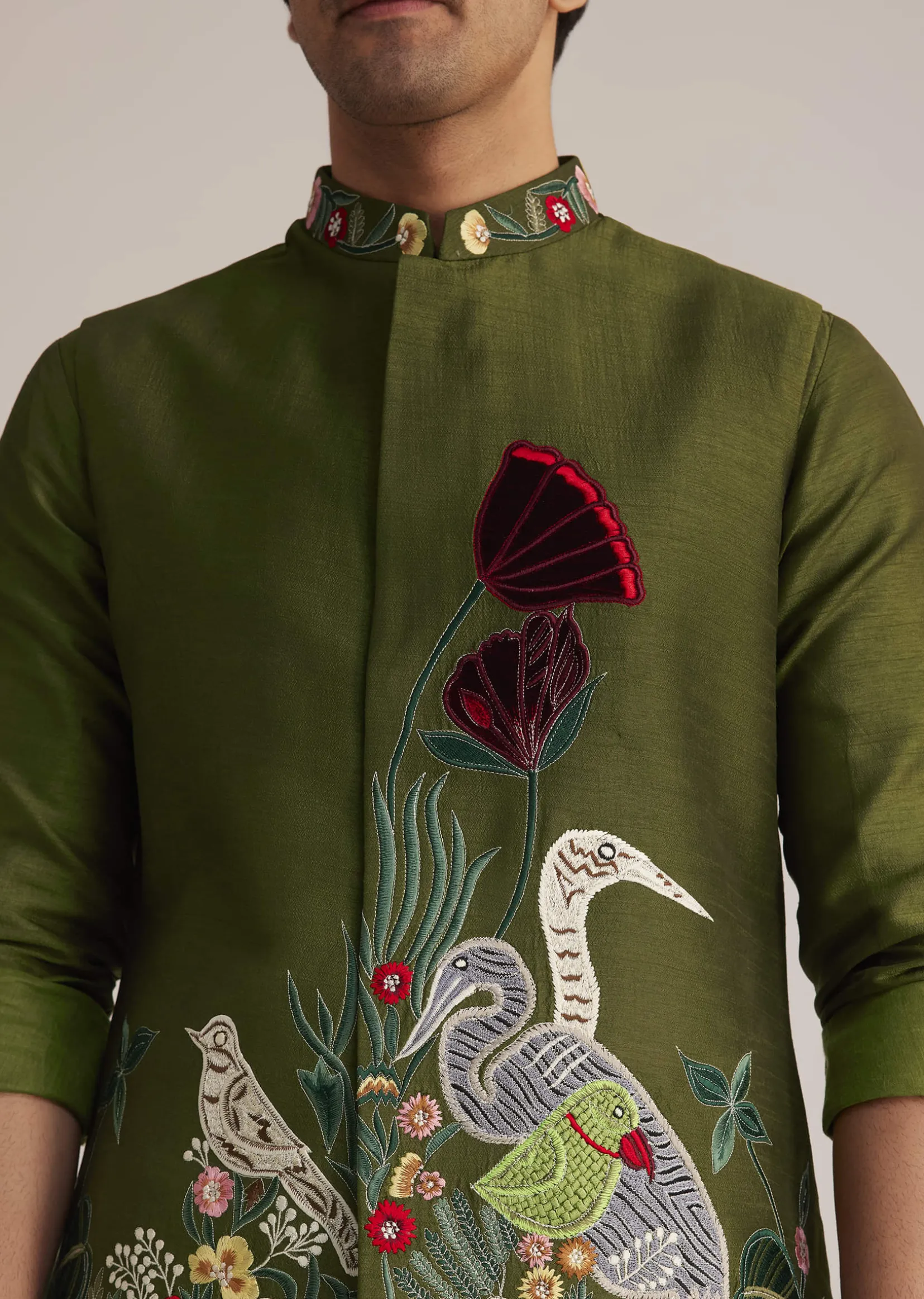 Green Embroidered Nehru Jacket With Bird Detailing