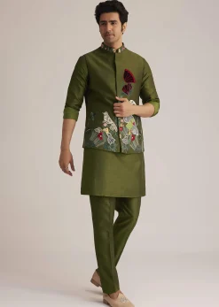 Green Embroidered Nehru Jacket With Bird Detailing