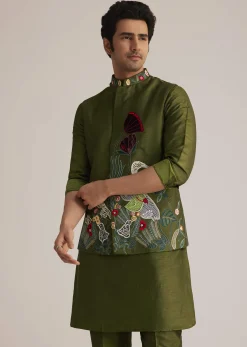 Green Embroidered Nehru Jacket With Bird Detailing