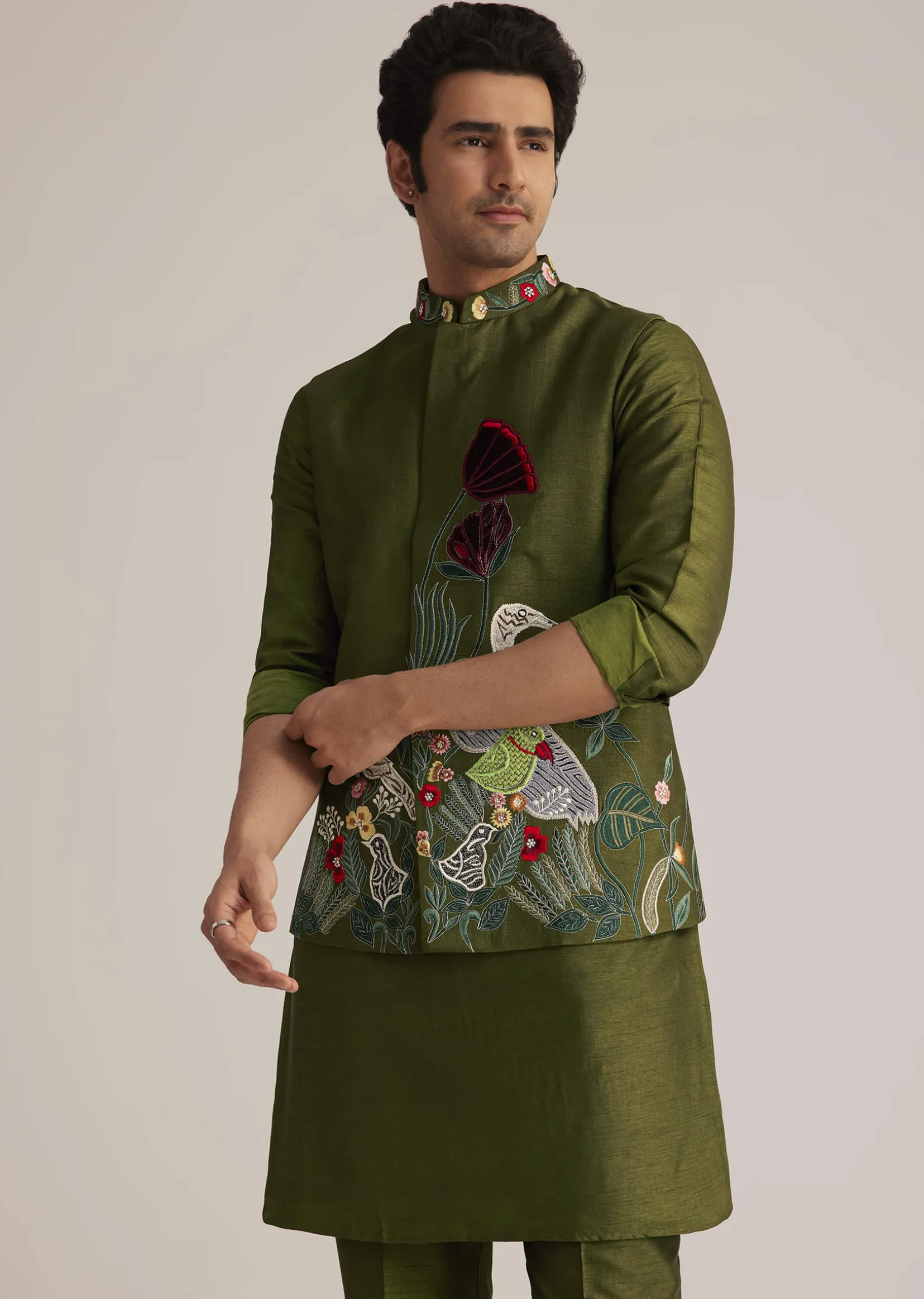 Green Embroidered Nehru Jacket With Bird Detailing