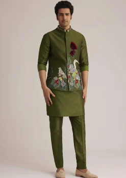 Green Embroidered Nehru Jacket With Bird Detailing