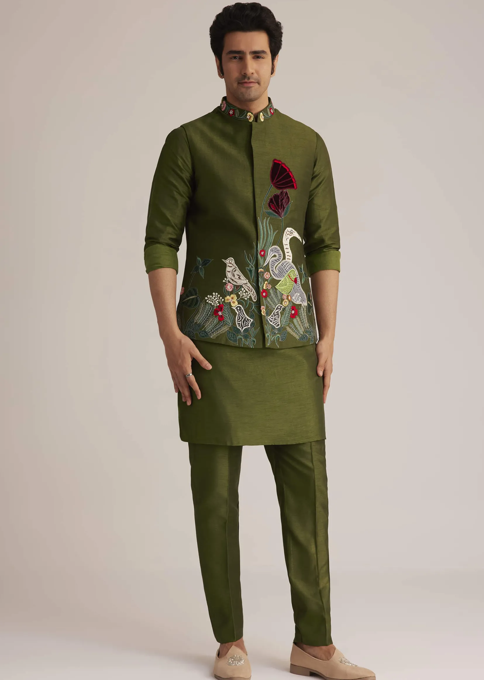 Green Embroidered Nehru Jacket With Bird Detailing