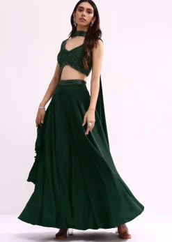 Green Embroidered Net Crop Top And Palazzo Set