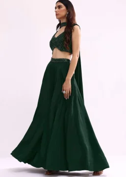 Green Embroidered Net Crop Top And Palazzo Set