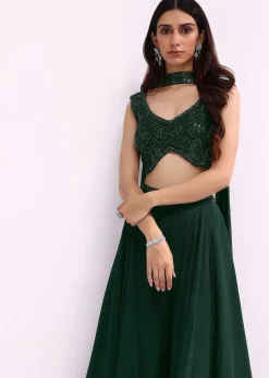 Green Embroidered Net Crop Top And Palazzo Set