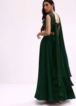 Green Embroidered Net Crop Top And Palazzo Set
