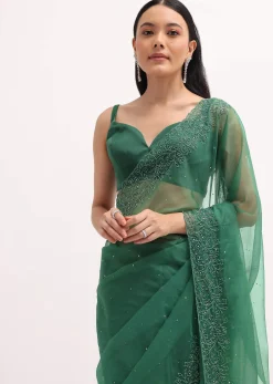 Green Embroidered Organza Saree With Unstitched Blouse