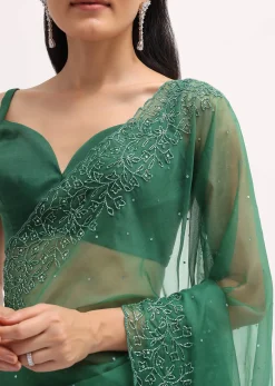 Green Embroidered Organza Saree With Unstitched Blouse