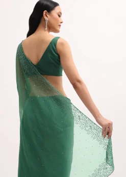 Green Embroidered Organza Saree With Unstitched Blouse