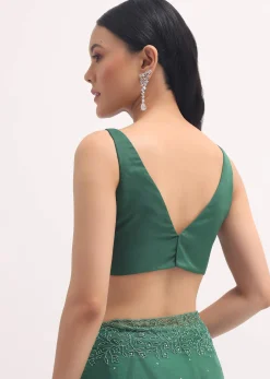 Green Embroidered Organza Saree With Unstitched Blouse