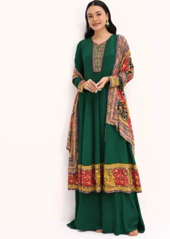 Green Embroidered Satin Kurta Palazzo With Dupatta