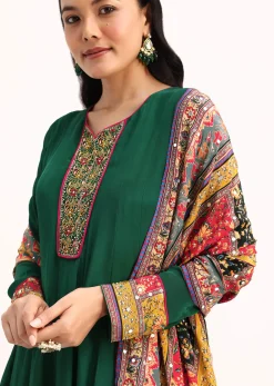 Green Embroidered Satin Kurta Palazzo With Dupatta