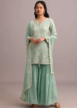 Green Embroidered Sharara Set With Butti Work On Organza Dupatta
