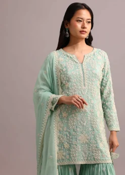 Green Embroidered Sharara Set With Butti Work On Organza Dupatta