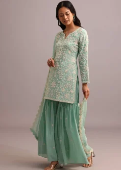 Green Embroidered Sharara Set With Butti Work On Organza Dupatta