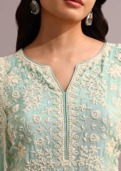 Green Embroidered Sharara Set With Butti Work On Organza Dupatta