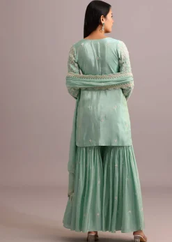 Green Embroidered Sharara Set With Butti Work On Organza Dupatta