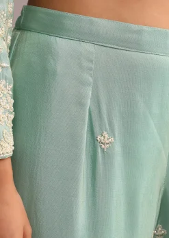 Green Embroidered Sharara Set With Butti Work On Organza Dupatta