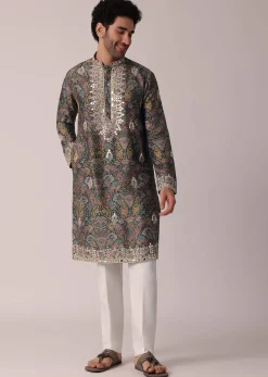 Green Festive Floral Printed Silk Kurta Set For Men