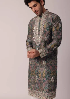 Green Festive Floral Printed Silk Kurta Set For Men