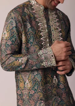 Green Festive Floral Printed Silk Kurta Set For Men