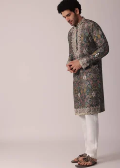 Green Festive Floral Printed Silk Kurta Set For Men
