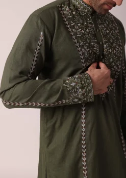 Green Festive Linen Kurta Set For Men