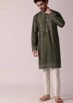 Green Festive Linen Kurta Set For Men