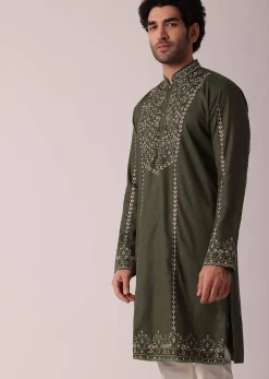 Green Festive Linen Kurta Set For Men